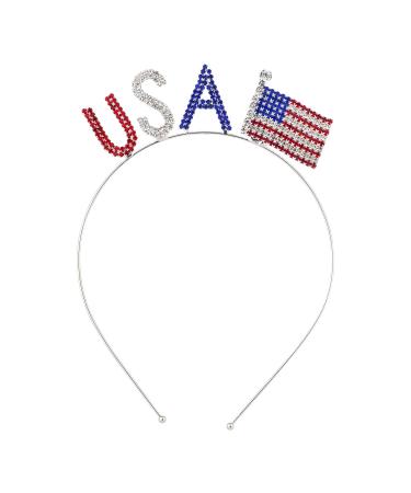 Lux Accessories Silvertone Patriotic USA American Flag Red Blue Clear Crystal Rhinestones Fashion Headband
