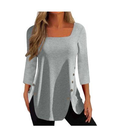 tsaChick Womens Sweatshirts UK Women's T-Shirts Side Button Tops Ladies Long Sleeve Square Neck Shirts Solid Fitted Pull On Black Hoodies Women S-XXL WYB47 Gray 101 S