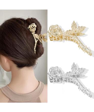ATODEN Metal Hair Clips for Women Flower Claw Clips for Thick Hair 2 Pcs Large Hair Clips for Thick Medium Hair 4.3'' Rose Hair Clip Cute Hair Clips Gold Hair Clips Silver Hair Clips Big Hair Claws Strong Grip Jaw Clips ...