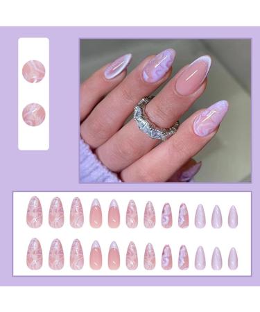 24 Pcs Purple Press on Nails - Short Almond SHANRUN Spring Nail Art Tips | Full Cover Summer Acrylic French False Nails with Cat's Eye Design - Stick on Nails for Women - Buy Online on GoSupps.com