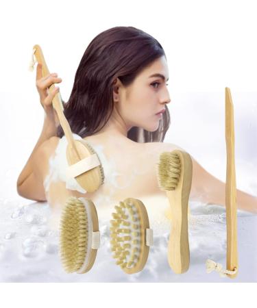 Dry Brush for Cellulite and Lymphatic  Dry Brushing Body Brush Set Natural Boar Bristles Exfoliating Back Scrubber with Long Handle Face Brush and Cellulite Massager for Dead Skin Removing 3 PCS