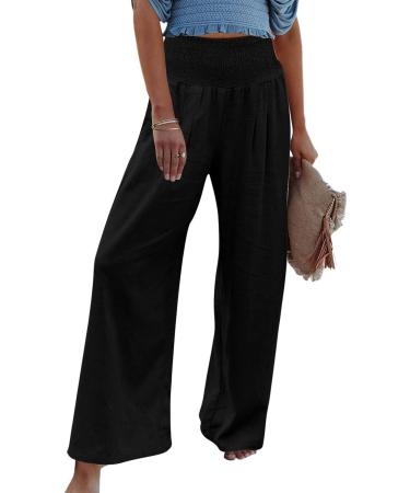 Gufesf Women's Casual Cotton Linen Palazzo Pants - Floral Beach Wide Leg Trousers with Pockets | A1-black, Large - Buy Online on GoSupps.com