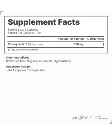 Just Glow Naturally: Coenzyme Q10 200mg - 120 Capsules - CoQ10 Ubiquinone Supplement - Experience the Power of a Natural Antioxidant for Supporting Cardiovascular Health and Alleviating Migraines & Headaches - Made in Canada - 120 Days Supply - Buy Online on GoSupps.com