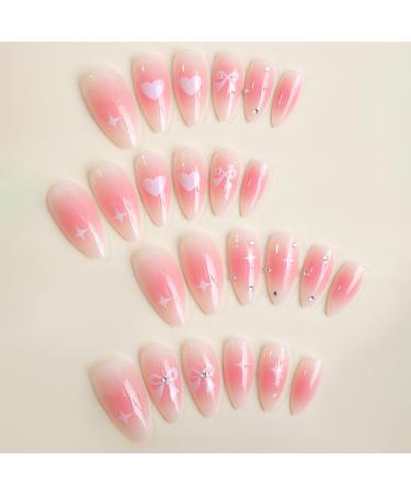 Pink Love Heart Bow Press On Nails | Long Almond Glitter Rhinestones | Reusable Acrylic Stick On Nails for Women - DIY Charm Manicure - Buy Online on GoSupps.com