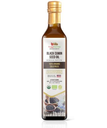 Huggiberries Black Cumin Seed Oil Cold Pressed - USDA Organic 8 Fl Oz - Turkish Nigella Sativa - High Thymoquinone - Premium Supplement for Immune Support, Health Skin - Strong Hair