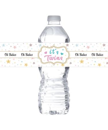 MonMon & Craft It's Twins Water Bottle Stickers / Oh Babies Bottle Wrappers / Baby Shower / Welcome Baby / Baby 1st Birthday Party Water Labels Supplies Waterproof ( Set of 32 )