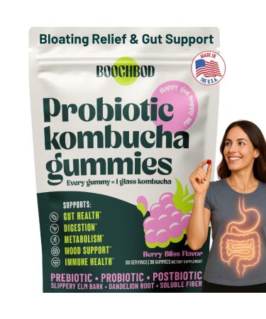 BoochBod - Probiotic Kombucha Gummy - Prebiotics Probiotics Postbiotics Fiber Supplement Slippery Elm Dandelion Root MCT Oil for Bloating Gut Health - Probiotics for Women and Men
