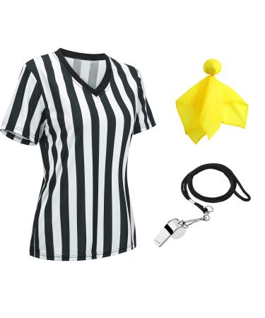 NOONSIAL 3 Pcs Women Referee Shirt Costume Set V Neck Black & White Stripe Basketball Football Hockey Ref Jersey Umpire Stainless Whistle with Lanyard Yellow Penalty Flag for Halloween Cosplay Party Black & White Ref Shirt Small