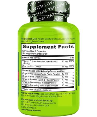 NATURELO Vegan Zinc Immune Support Capsules - Whole Food Complex with Vitamin C for Healthy Skin Hair and Nails - 120 Capsules Unflavored 120 Count (Pack of 1) - Buy Online on GoSupps.com