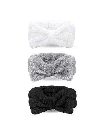 DDSHUN 3 piece makeup hair band Bowknot Hair straps headband headband bowing belt hair wrap towel corals including yoga spa sports face care hair band elastic hair band (white gray black)