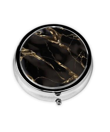 Black Gold Marble Portable Metal Pill Box Round Mini 3-Compartment Plastic Insert hinged Fastening Design Suitable for Small Pills Must-Have for Travel