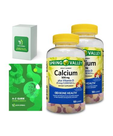 Calcium Plus Vitamin D Adult Gummies 500mg 1000 IU Assorted Flavors 100 Ct (2 Pack) Bundle with Exclusive Vitamins & Minerals - A to Z - Better Light&Spring Guide (3 Items)