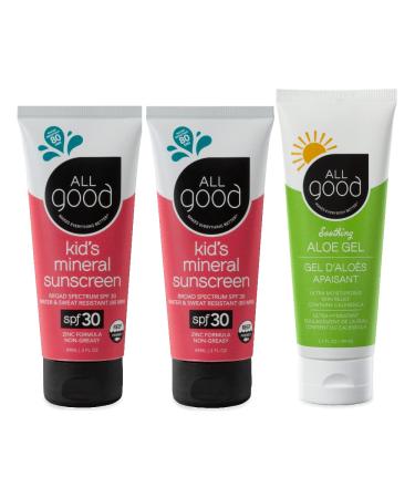 All Good Baby & Kids Sunscreen & Aloe Gel Bundle - UVA/UVB Broad Spectrum  SPF 30  Zinc Oxide  Water Resistant - Includes (2) SPF 30 Kids Sunscreen Lotions and (1) Aloe Gel