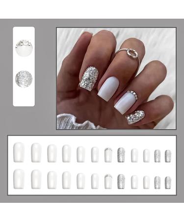 24Pcs Short Square White Press on Nails with Silver Sequin Design - Rhinestone Acrylic False Nails for Women and Girls | Glossy Full Cover Artificial Nails (Style 10) - Buy Online on GoSupps.com
