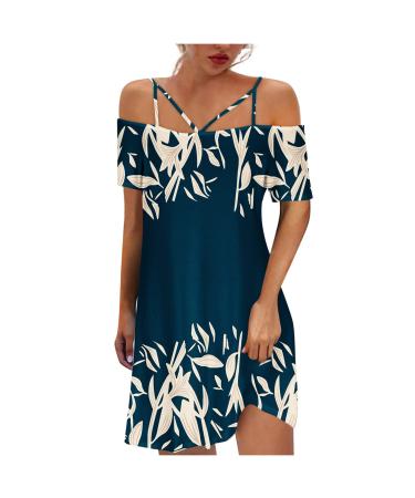 Women Summer Off Shoulder Dress Short Sleeve Spaghetti Strap Mini Sun Dress Floral Print Hem Tunic Beach Short Dresses Dark Blue Summer Dress 28 Small