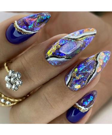 24Pcs Almond Press on Nail Medium Artificial Acrylic Nails Gold Foil Stripe False Nails Dark Blue Star Sky Design Amber Fake Nails Full Cover Glossy Reusable Almond Nails Glue on Nails for Women A5