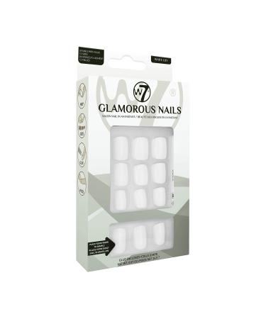 W7 Glamorous Nails - Salon Professional False Nails At Home - Glue Adhesive Included - Square Oval Shape - White Lily white 24 Piece Assortment