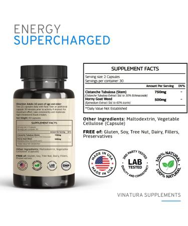 VINATURA Cistanche with Horny Goat Weed 1250mg - 60% Icariin Extract for Energy, Strength & Cognitive Support - USA Made, 60 Capsules - Buy Online on GoSupps.com