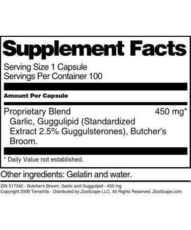 Butcher's Broom Garlic and Guggulipid - 450 mg (100 Capsules ZIN: 517342) - Buy Online on GoSupps.com