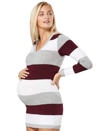 Zeta Ville Women's - Maternity Stripes Knit Jumper Dress Tunic Top V-Neck - 405c 16-18 Crimson