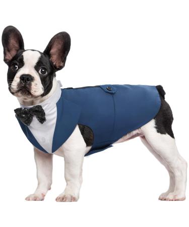 Kuoser Dog Smoking Suit & Bandana Set Pet Fomal Clothes Dogs Mantel with Removable Flying Dog Suit Puppy Costume Shirt For Wedding Halloween Birthday Party S-XXL S Recare Length: 29 cm Blue-black