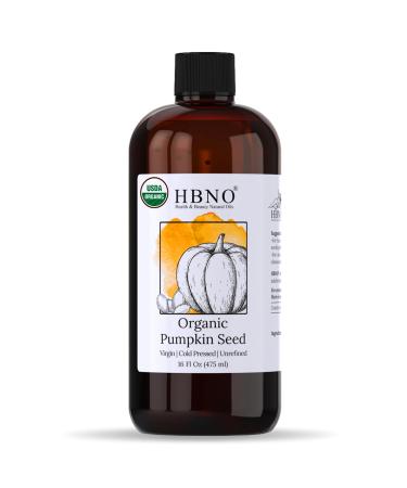 HBNO Organic Pumpkin Seed Oil - 16 oz (475ml) Value Size - Ideal for Salad dressings Lip balms Face wash Lotions and Skin care products.