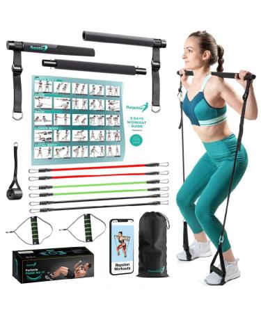 Premium Pilates Bar Kit with Resistance Bands - Full Body Workout Equipment - Portable Gym - at Home Workout Equipment - Fitness Equipment for Women and Men with Workout Videos Black