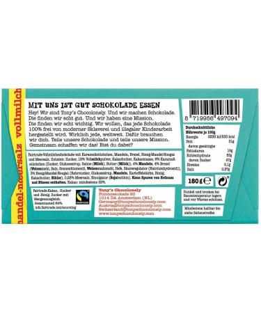 Tony's Chocolonely - Whole Milk Chocolate with Caramel Pieces Almonds Pretzel Honey Nougat and Sea Salt - 15 x 180 g - Vegetarian - Belgian Fairtrade Chocolate - Large Pack - Buy Online on GoSupps.com