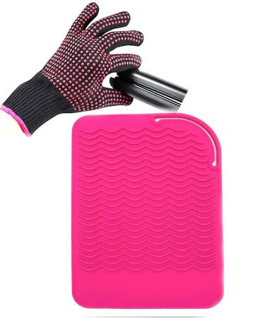 Heat Resistant Glove with Heat Resistant Mat for Curling Iron, Hair Straightener, Flat Irons, Silicone Bump Glove, 9 x 6.5 Food Grade Silicone Mat, Pink Pink G