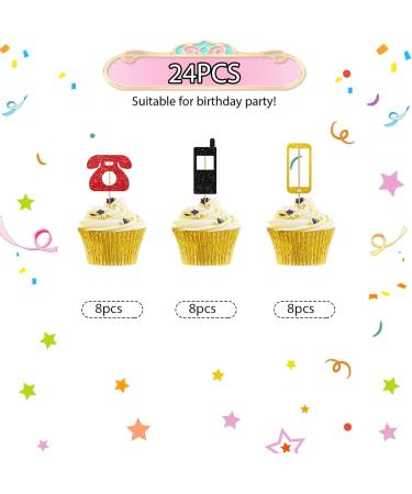 Retro Mobile Phone Cupcake Toppers Old Telephone Theme Party Cake Decor Red&Gold Glitter Cake Decorations for Baby Shower Retro Design-Birthday Party Supplies - 24pcs - Buy Online on GoSupps.com