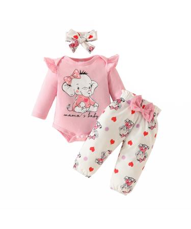UUAISSO Baby Girls Clothes Cow Letter Print ruffled Long Sleeve Tops and Pants Infant Clothing Outfits Gifts 0-3 Months pink elephant
