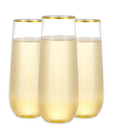 N9R 12 Pack Plastic Champagne Flutes 9 oz Stemless Disposable Gold Rim Toasting Glasses Crystal Clear Cocktail Cups Drinkware Shatterproof Ideal for Party Wedding Birthday Gold-12Pack