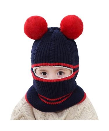Baby Balaclava Kids Winter Warm Hat Scarf Warm Knitted Hood Hat with Double Pom Pom Design Beanie Caps for Baby Girls Boys Cute Small Bear Winter Hat B-E One Size