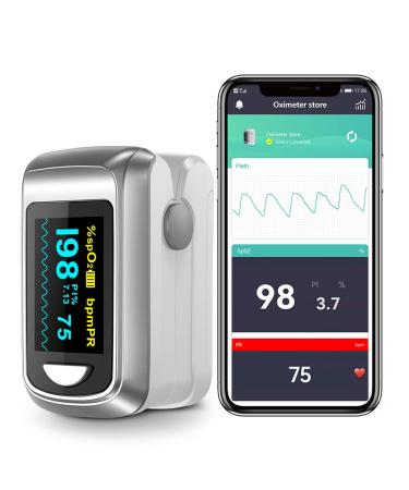 HealthTree Bluetooth Pulse Oximeter Fingertip, Blood Oxygen Saturation Monitor and Heart Rate Monitor with Free APP, for Apple and Android, 2 X AAA Batteries, Lanyard gray