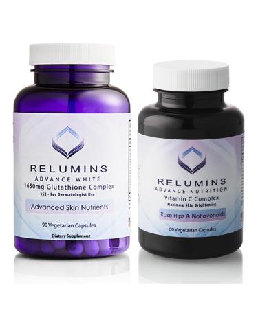 Relumins Dermavita Bundle 1650mg Reduced Glutathione Complex (90 Veggie Capsules) with Alpha Lipoic Acid Rose HIPS Riboflavin & Vitamin E + Advanced Vitamin C 1000mg
