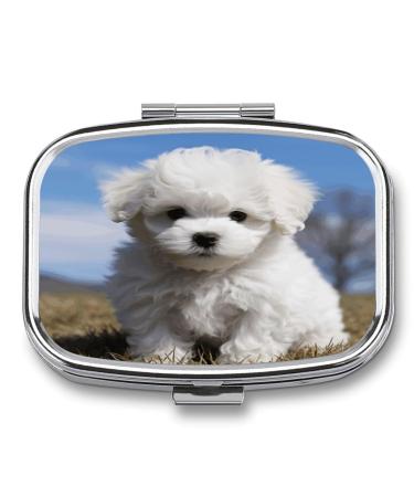 Pill Box Bichon Frise Dog Print 2 Compartment Medicine Pill Case Pill Organizer Decorative Metal Portable Pill Box for Pocket Or Purse Style