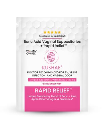 Kushae Boric Acid Vaginal Suppositories + Rapid Relief All Natural Female Suppositories with Probiotics & Aloe Vera Relieves Discomfort & Balances pH Level 6 Capsules 6 Count 6