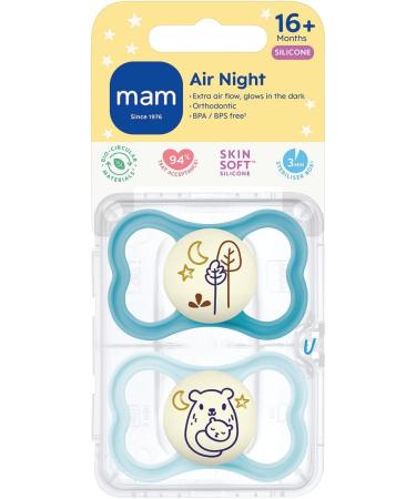 MAM Rubber Air Night Soothers 16+ Months (Pack of 2) Glow in The Dark Baby Soothers with Self Sterilising Travel Case Newborn Essentials Blue (Designs May Vary). Latex Blue Air Night 1 12+ M Soother - Buy Online on GoSupps.com