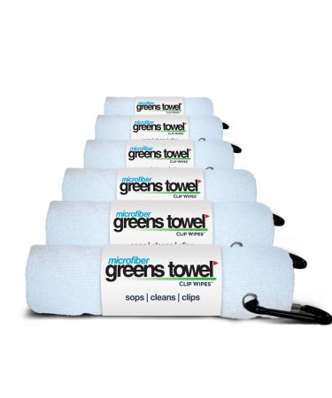 Greens Towel 6 Pack White Golf Towels with Clip for Golf Bags, Plush Microfiber nap Fabric, 16x16, The Original Value Pack (Pure White)
