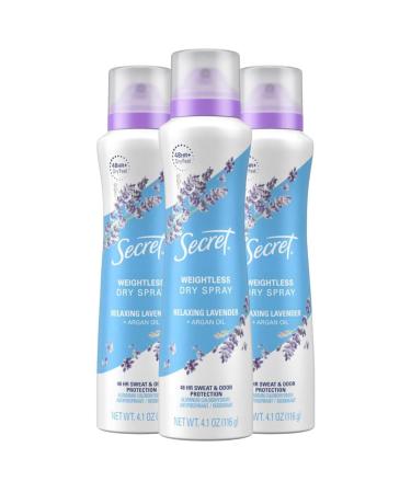 Secret Dry Spray Deodorant Antiperspirant for Women 48hr Weightless Sweat & Odor Protection Gentle on Skin Relaxing Lavender & Argan Oil Scent 4.1 oz (Pack of 3) Relaxing Lavender 4.1 Ounce (Pack of 3)