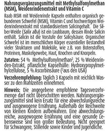 Raab Vitalfood MSM with Pasture Bark - Vegan Gluten-Free Lactose-Free 90 Capsules | High-Quality Standardized Salicilic Extract - Buy Online on GoSupps.com