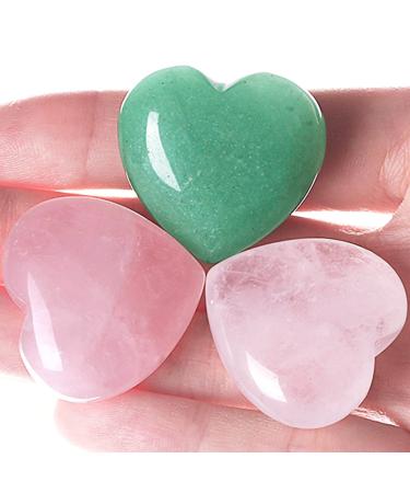 Xianvxi 1.2 "Heartstones rose quartz green Aventurin stone clear quartz healing crystals heart hate stones large gemstones set 3PC rose crystal + clear crystal + green aventurin
