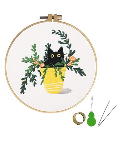 mopulo Embroidery Kit for Adults Beginners Starter Cross Stich Kit with Black Cat Flower Pattern Stamped Embroidery Cloth Hoops Threads Needles Easy Handmade Needlepoint Kits Black Kitty White Yellow