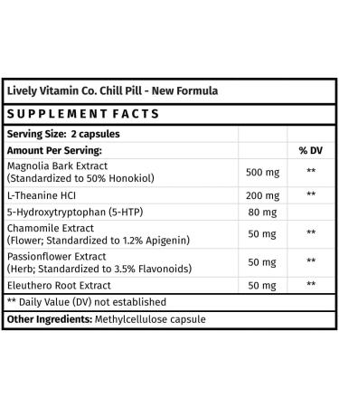 LIVELY VITAMIN CO. Chill Pill - Calm Mood - Relax - Restful Deep Sleep - REM - Stress - Anxiousness - Magnolia Bark - Chamomile - L-Theanine - Passionflower - 5-HTP - 180 Vegan Capsules 180 Count (Pack of 1) - Buy Online on GoSupps.com