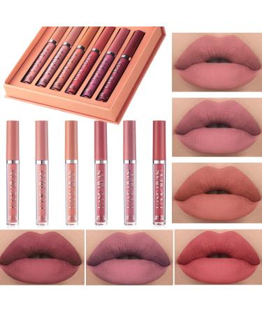 Fasurid Lipstick for Women  Liquid Matte Makeup Set  6Pcs Long-Lasting Wear Non-Stick Cup Not Fade Waterproof Velvet Lip Gloss Kit  Lip Makeup Gift Sets for Girls Mothers Nude Color