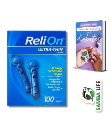 Lancets for Diabetes Testing Bundle. Includes ReliOn Ultra-Thin Blood Lancets 30 Gauge for Sensitive Fingers 100ct and Samba Life eBook: 7 Steps to Thrive with Diabetes (100 Count)