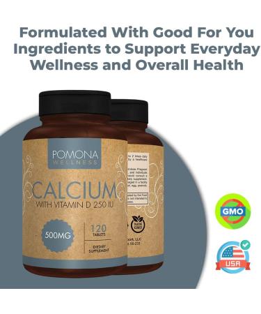 Pomona Wellness Calcium + Vitamin D Daily Supplement | Bone & Teeth Health | Immune Support | 500mg Calcium & 250 IU D3 | Non-GMO | 120 Tablets - Buy Online on GoSupps.com