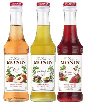 MONIN - Assortment of Peach Passion and Strawberry for Beers Lemonades Cocktails and Still Water - Natural Flavors - 3x25 cl