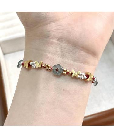 Oralgo Handmade Chinese Style Bracelet - Elegant Flower Butterfly and Pearl Woven Design for Women - Happiness Charm - Buy Online on GoSupps.com
