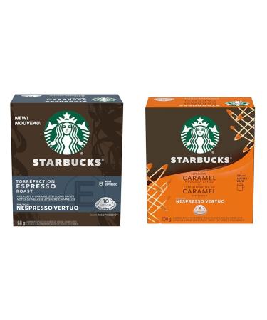 Starbucks By Nespresso Espresso Roast Coffee Pods & Smooth Caramel For NESPRESSO VERTUO Flavoured Blonde Roast Notes of Buttery Caramel and Vanilla NESPRESSO Coffee Capsules 8 ct Coffee + Blonde Roast